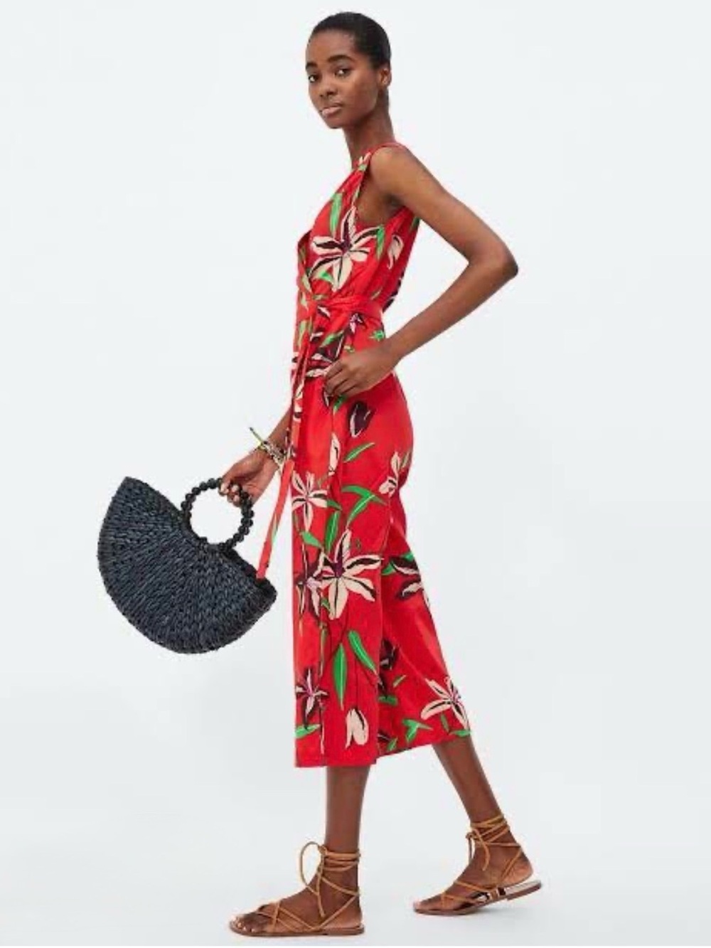 Zara Women Red Jumpsuit Size L Floral Tropical Wrap Wide Leg Colorful Vacation
